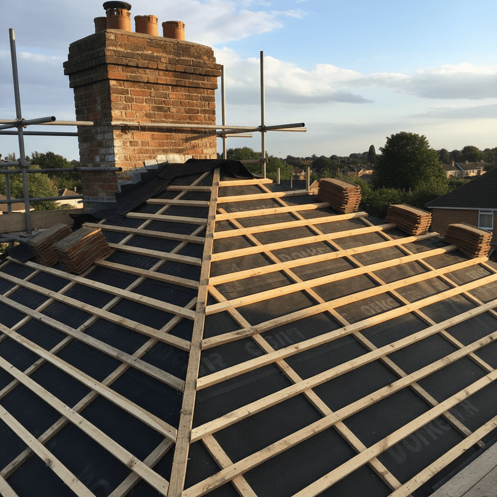 Toiture en construction avec liteaux en bois sur sous-toiture noire et cheminée en brique