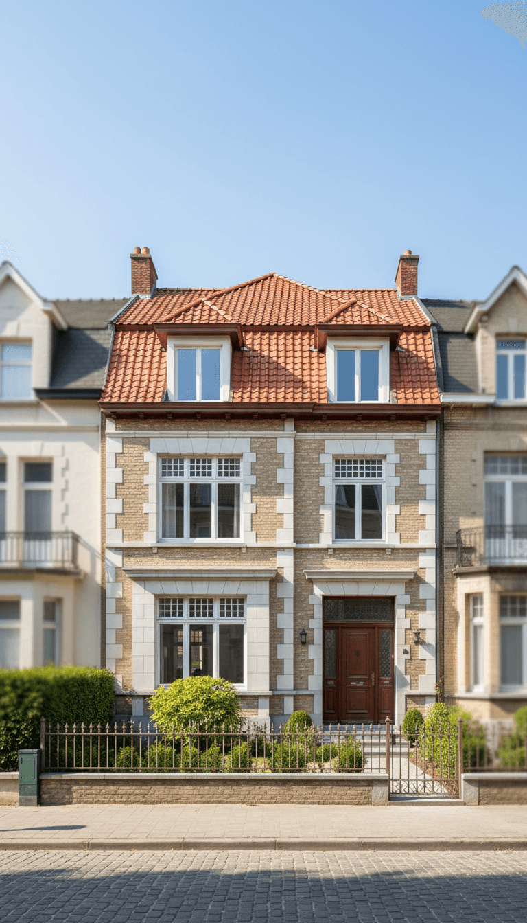 House with new red tile roof and renovated masonry facade in Brussels