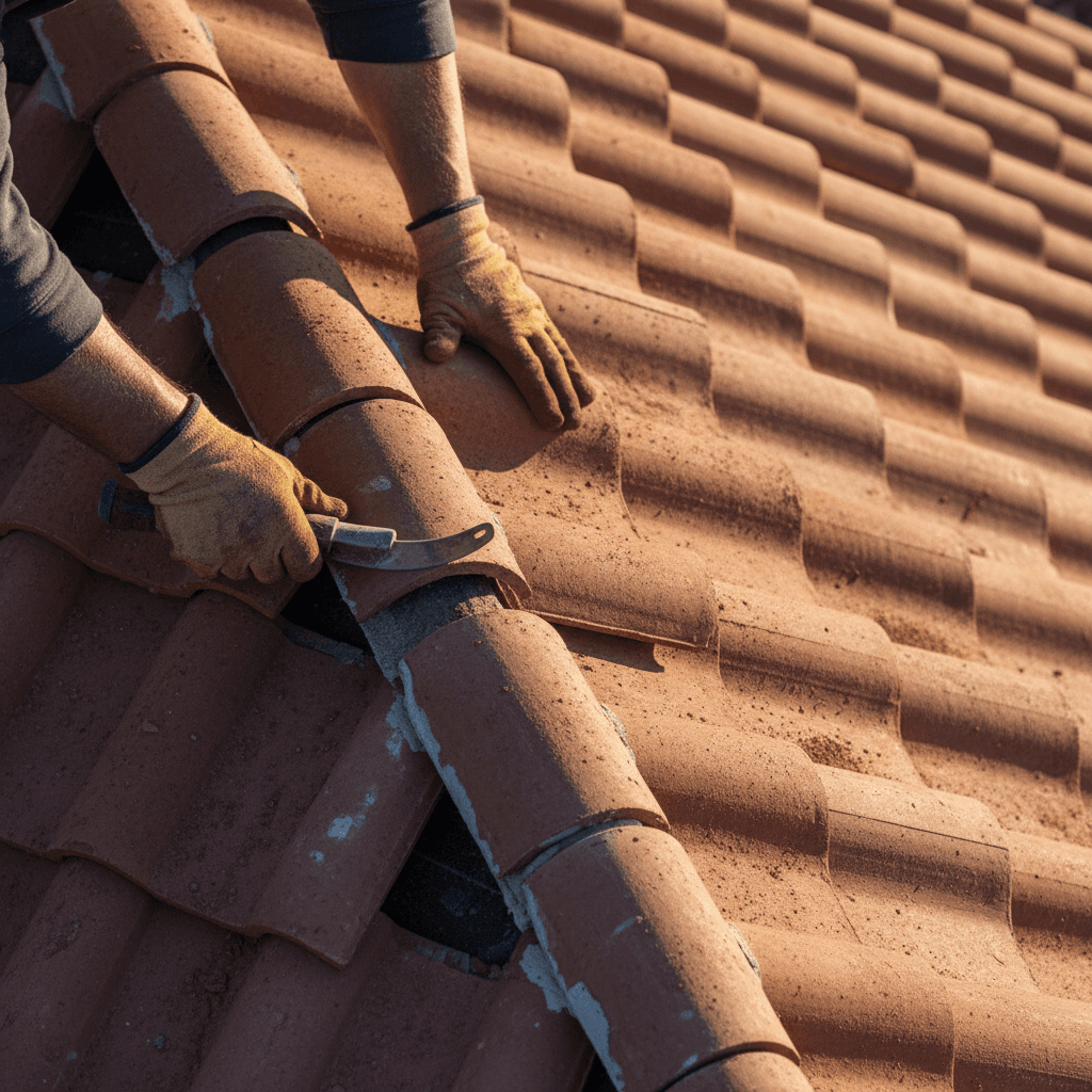 Roofer's hands expertly installing terracotta tiles on pitched roof with precision tool and mortar