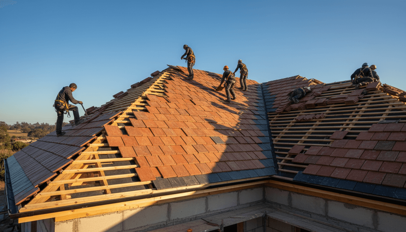 Toiture en construction à Uccle avec liteaux en bois posés sur l'écran de sous-toiture
