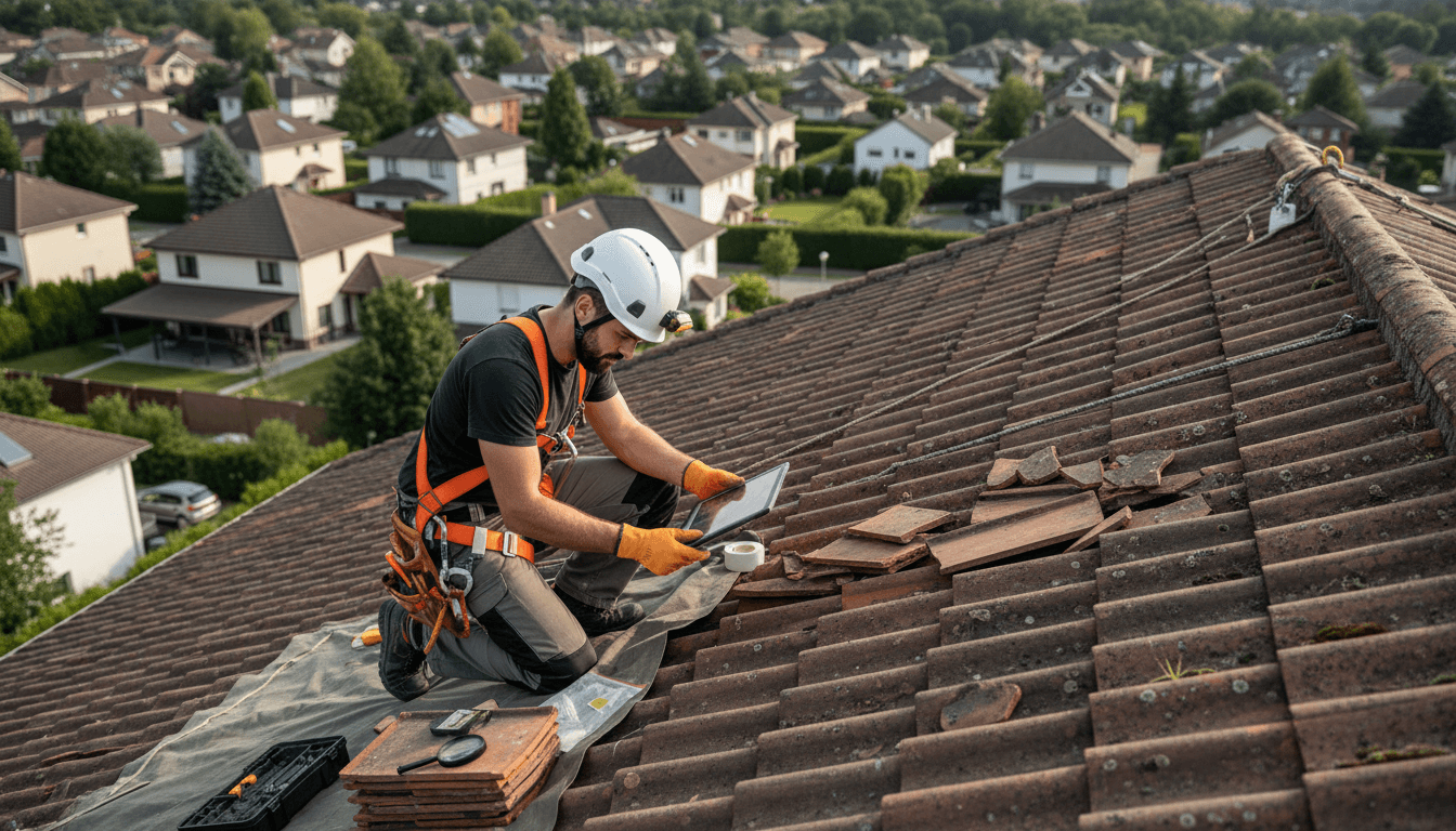 Couvreur inspectant les tuiles d'un toit sur une maison résidentielle