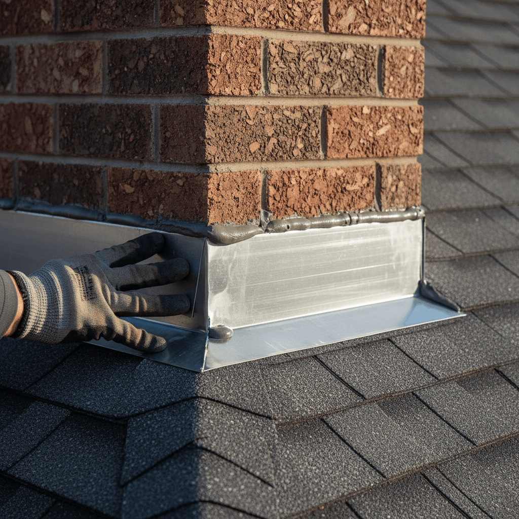 Close-up detail of roof flashing installation at chimney junction showing aluminum metalwork and professional sealing technique